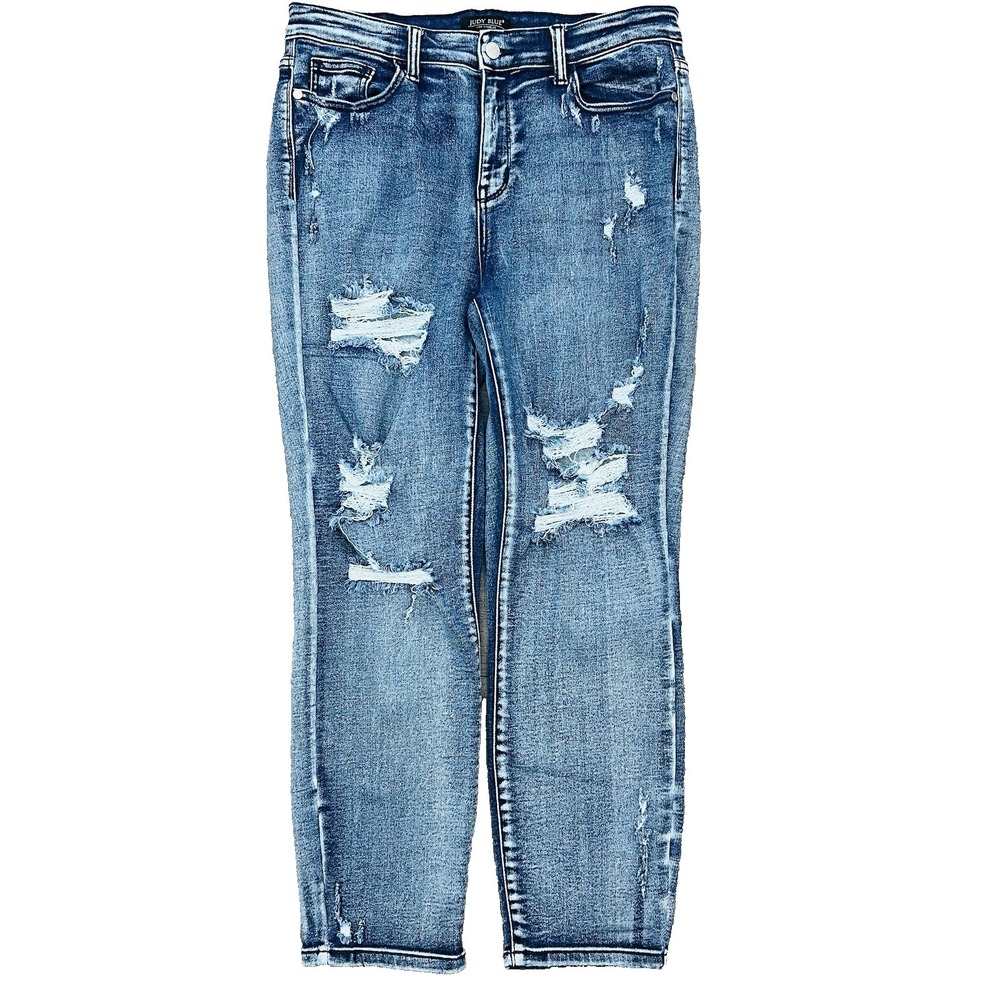 Judy Blue Jeans 13/31 Distressed Destroyed High Rise Boyfriend Acid Stone 27"